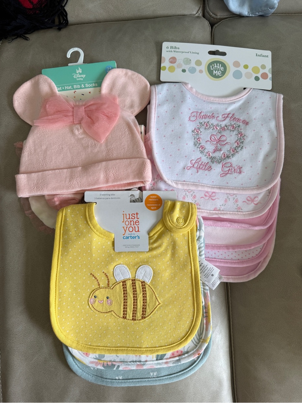 Carter's Yellow Bee Embroidered Bib with Pink Hat and Pink Bibs Set